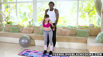 Tiny teen Aften Opal has always had fantasies of pleasing a big black cock, and as her trainer pushes her to have a great workout
